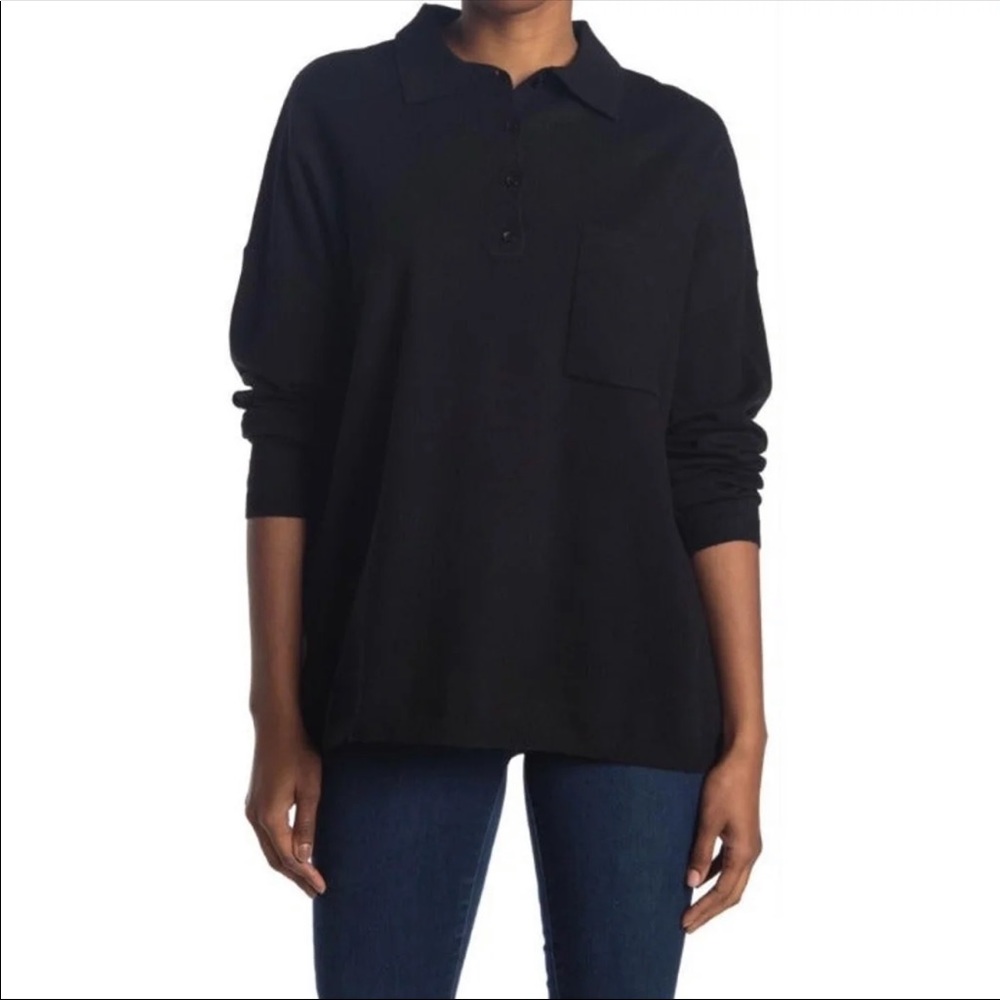 Polo Sweater,  Roomy Boyfriend Style Inky Black Dropped Shoulder Pocket Buttons